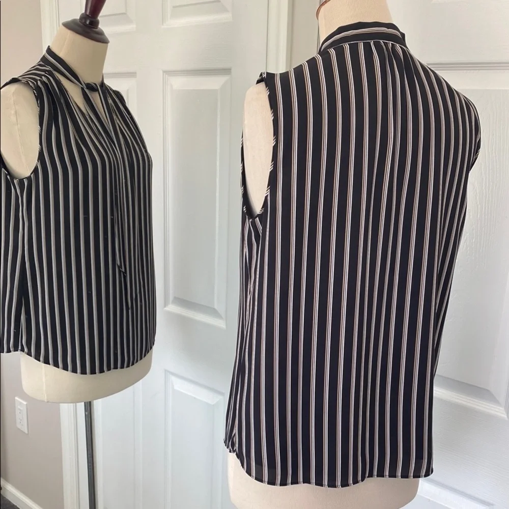 White House Black Market Striped Top Sz 4 Ball-Chain Tie-Neck Stripe Shell - Picture 5 of 9